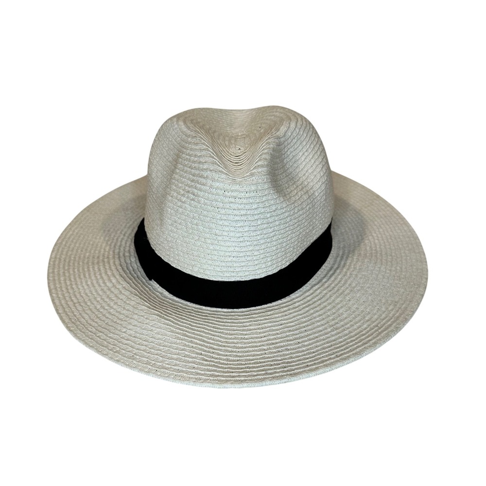 Target Straw Fedora Sun Hat Womens One Size Cream Black Ribbon Wide Brim Summer